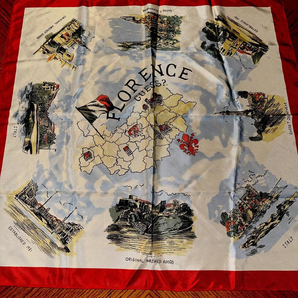 Vintage 1981 Guess Jeans Polyester Neck Scarf, Florence Italy, Italian